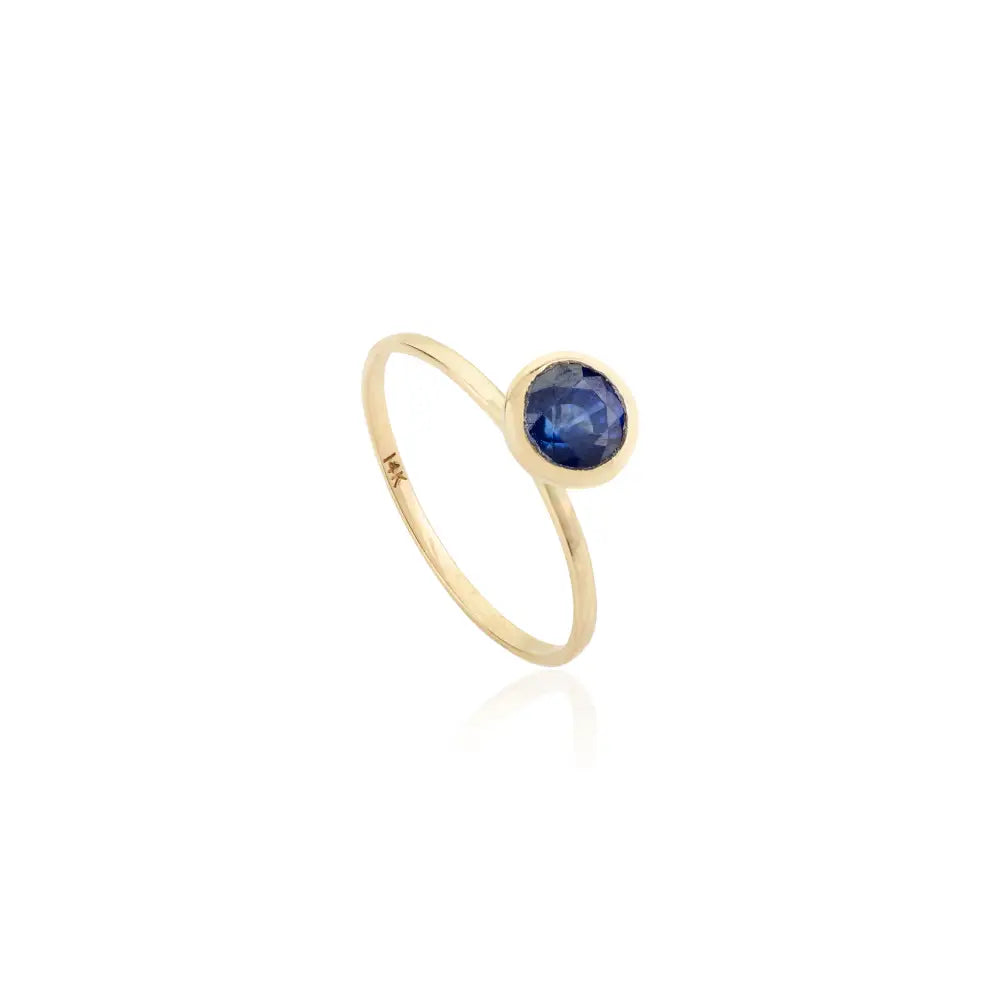 Round Cut Gemstone Natural Blue Sapphire Single Stone Bezel Set Ring Pure K14 Yellow Gold