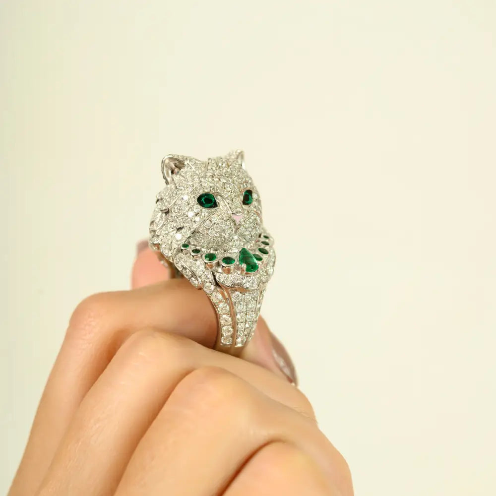 Emerald & Diamond Sparkle Animal Cat Ring Real K18 White Gold Bold Statement Jewelry
