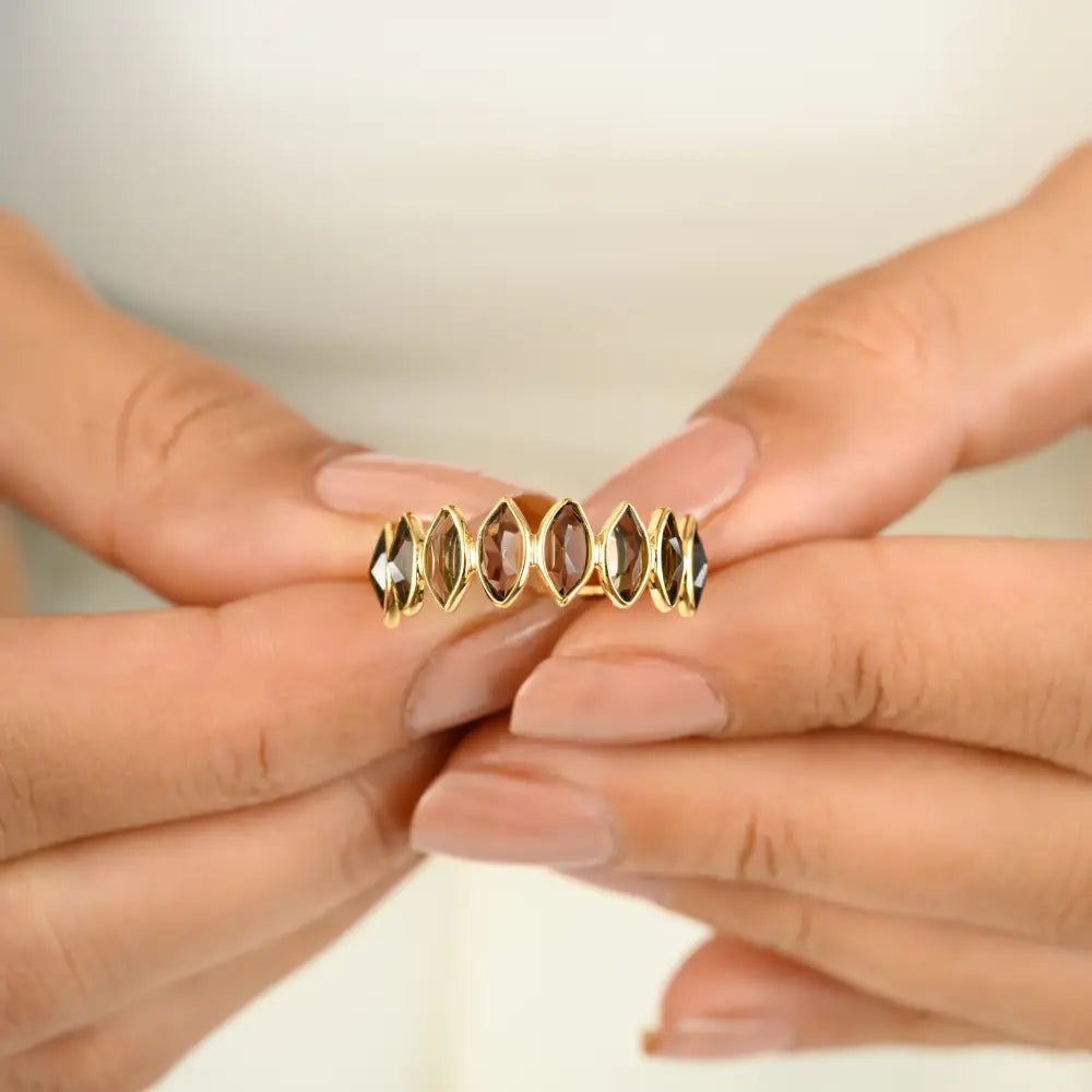 Marquise Cut Smoky Topaz Simple Half Eternity Band Ring Trending K18 Yellow Gold Jewelry