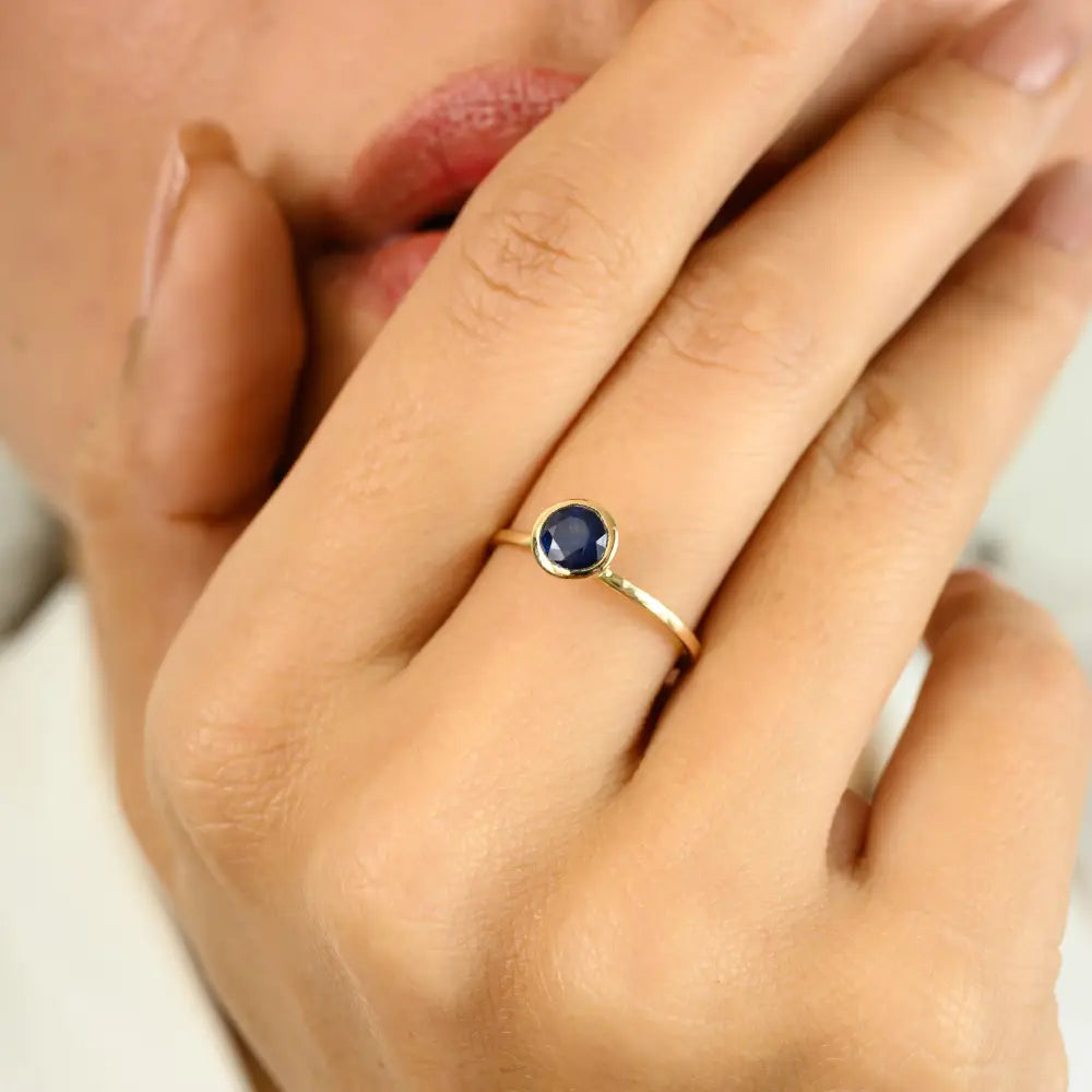 Round Cut Gemstone Natural Blue Sapphire Single Stone Bezel Set Ring Pure K14 Yellow Gold