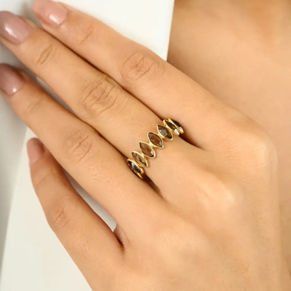Marquise Cut Smoky Topaz Simple Half Eternity Band Ring Trending K18 Yellow Gold Jewelry