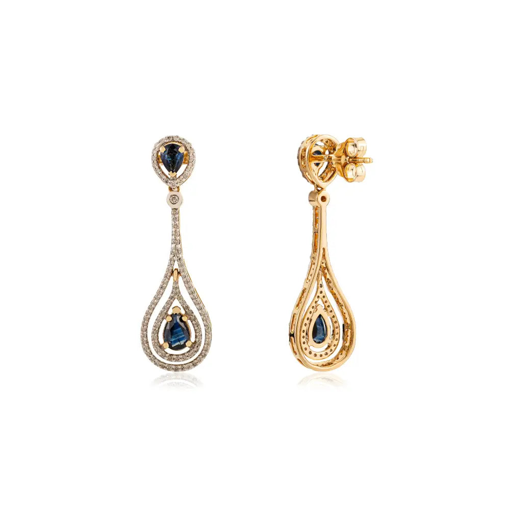 Unique Design Blue Sapphire & Diamond Teardrop Dangle Earrings Pure 18K Yellow Gold