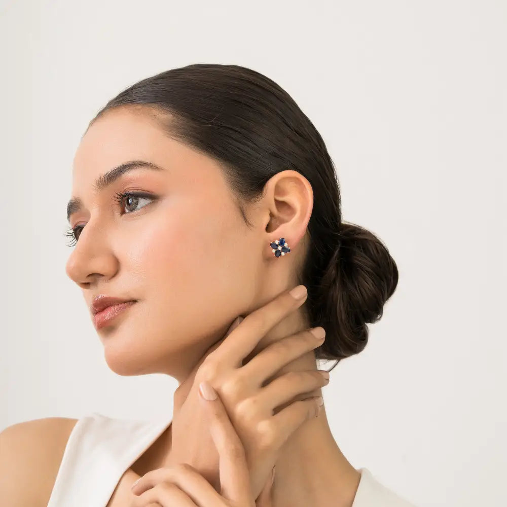 Blue Sapphire & Diamond Fine 14K Real Yellow Gold Floral Shape Stud Earrings For Women