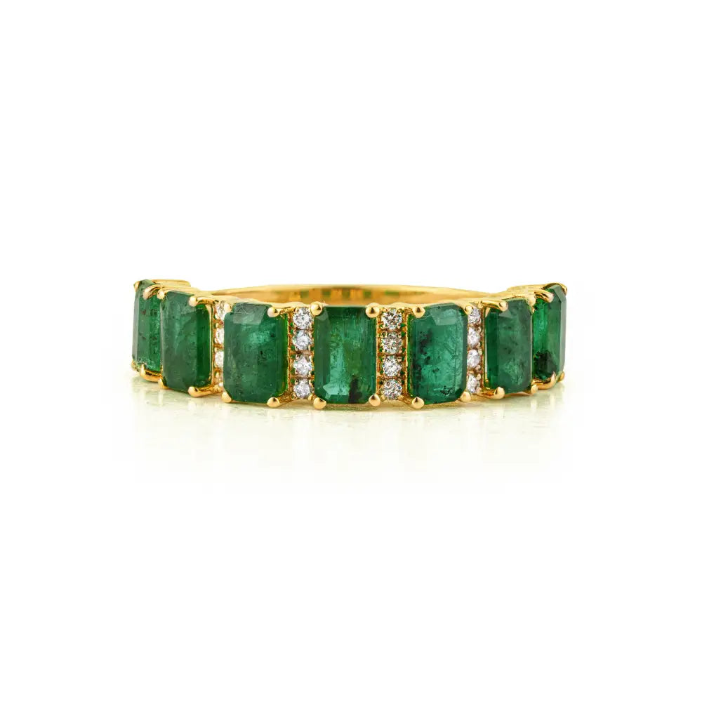 Zambian Emerald & Diamond Fine 18K Yellow Gold Half Eternity Band Ring Precious Jewelry