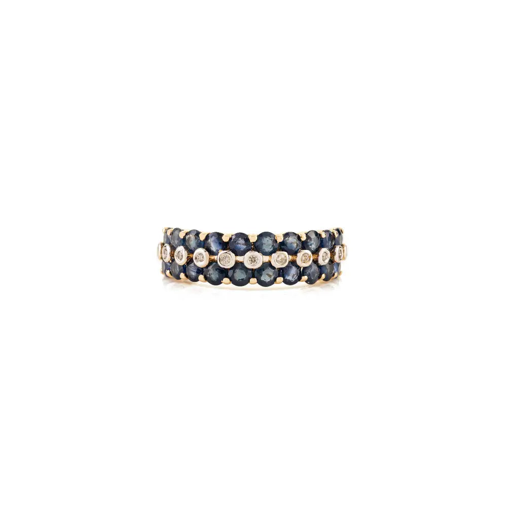 Beautiful Handmade Blue Sapphire & Diamond 14K Real Yellow Gold Wedding Band Ring