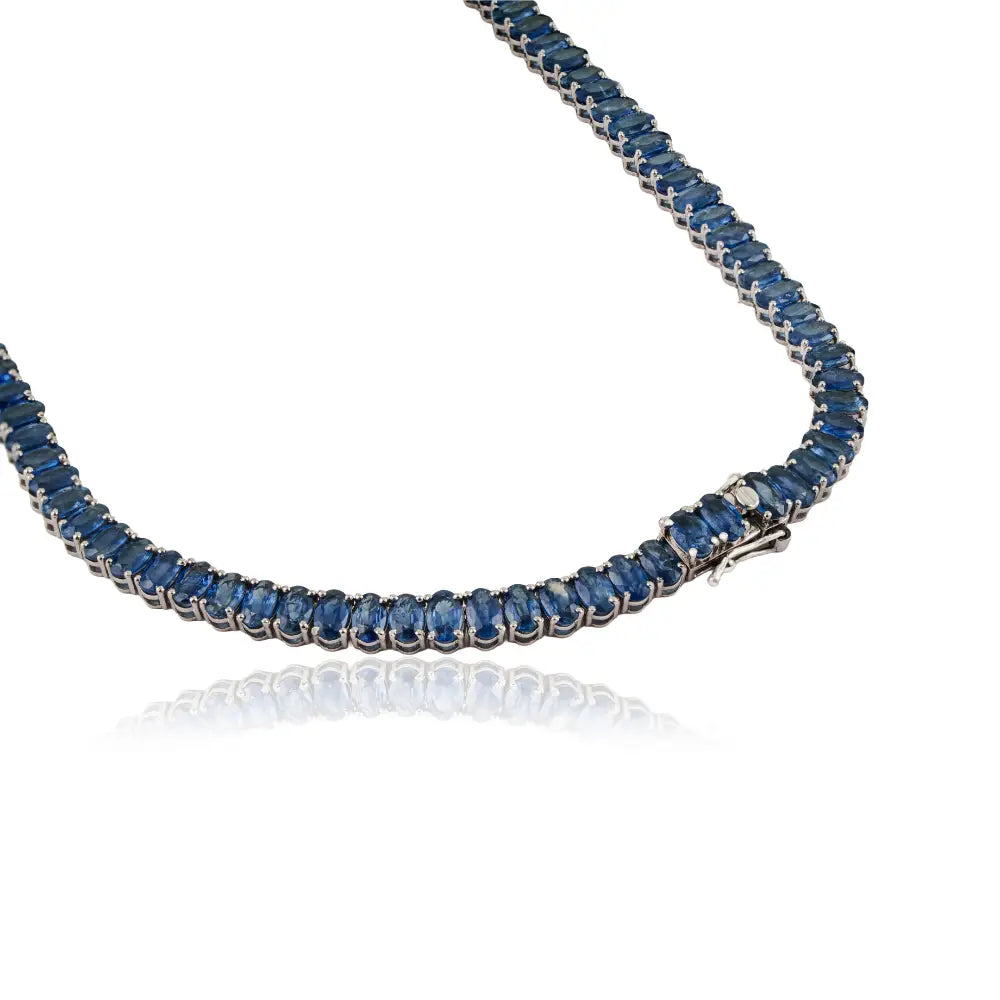 Handmade Design Blue Sapphire 14K White Gold Statement Tennis Necklace For Wedding