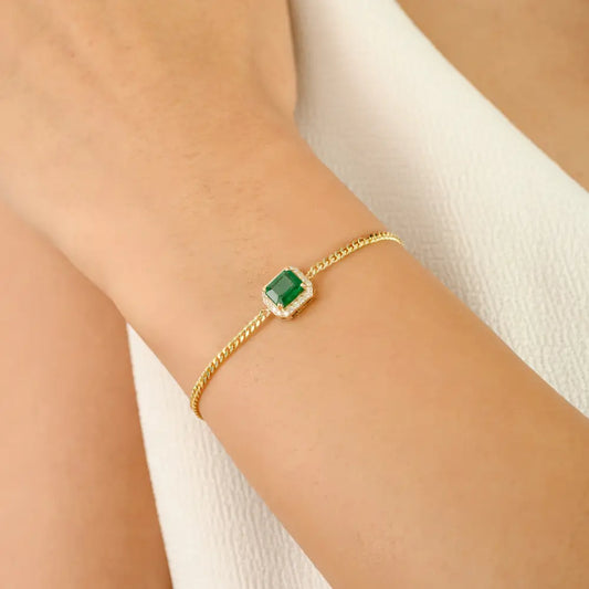 Miami Cuban Link Chain Solitaire Emerald & Diamond Halo Bracelet Solid K14 Yellow Gold