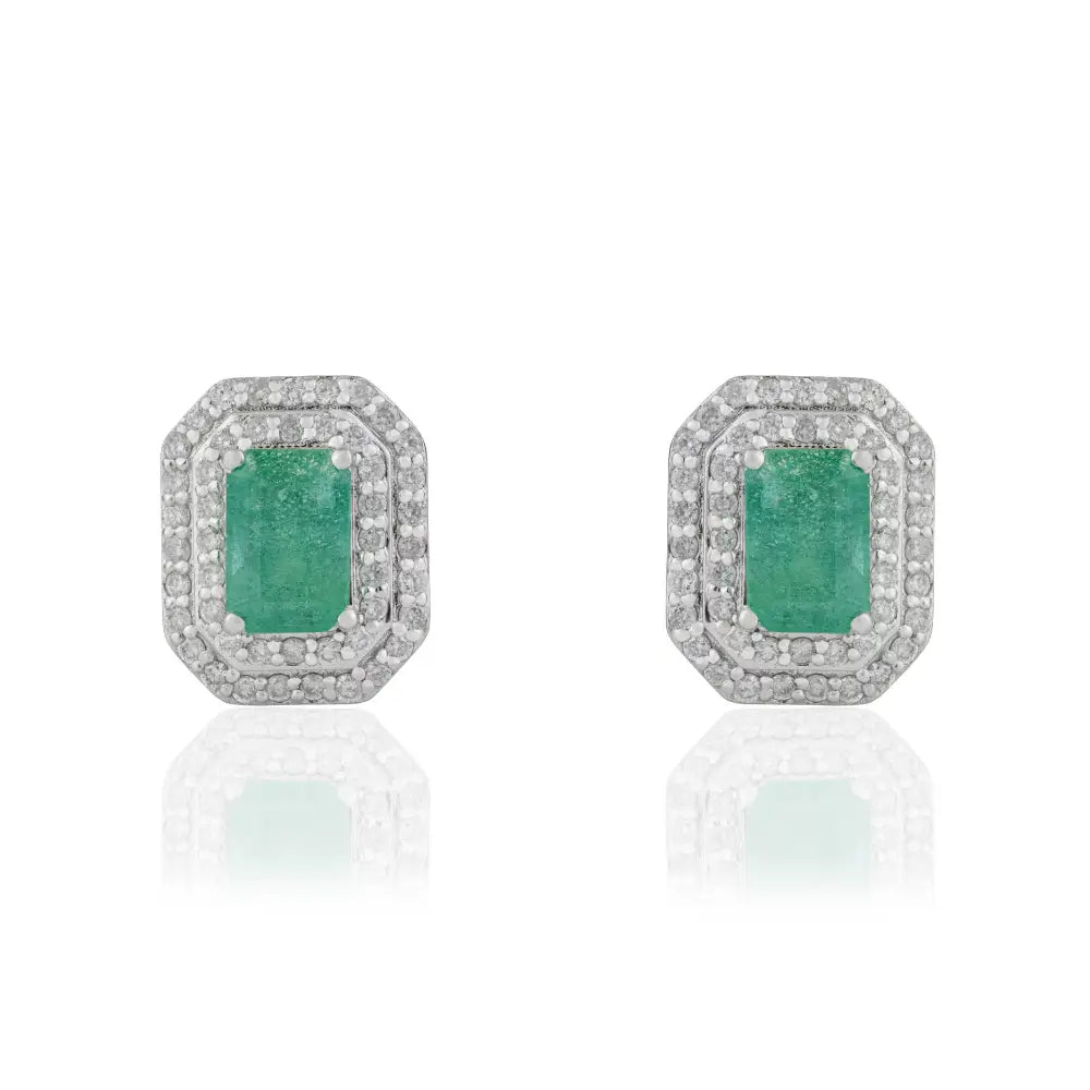 6x4mm Emerald & Diamond K14 White Gold Double Cluster Stud Earrings Mother's Day Gift