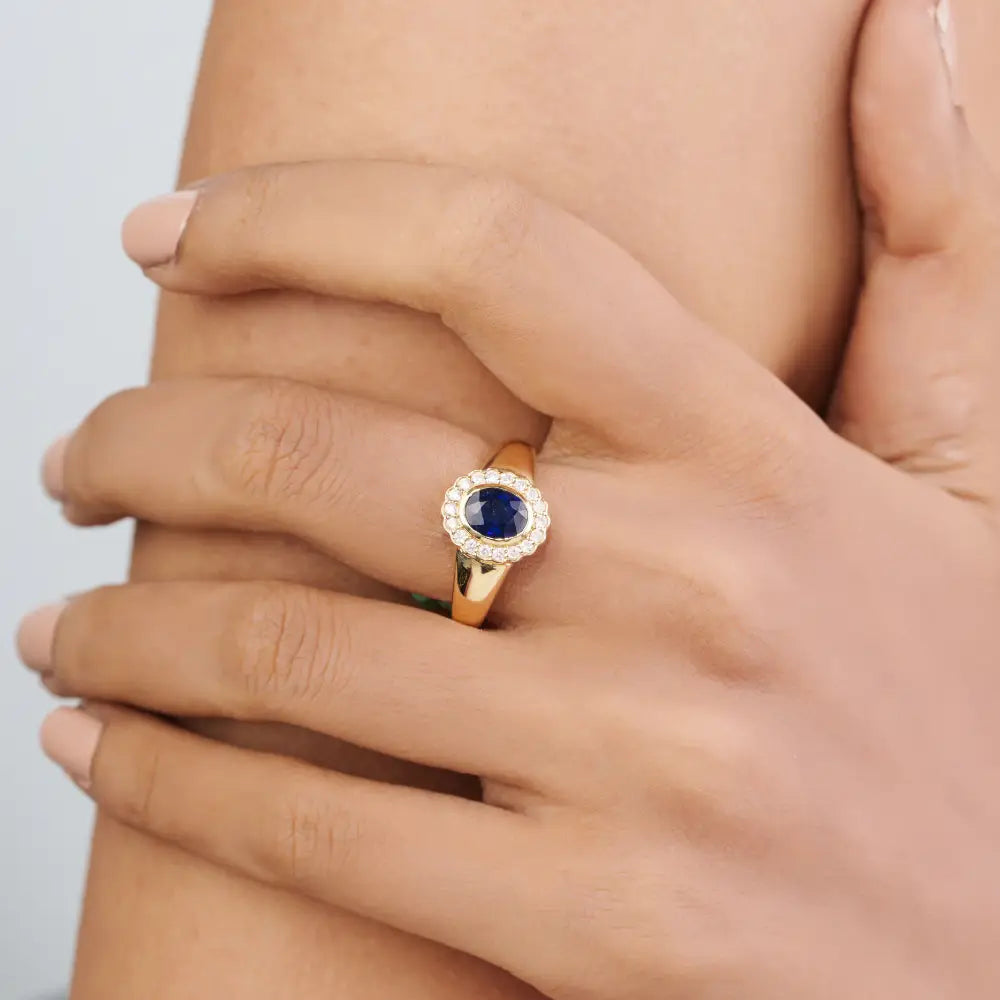 14K Solid Yellow Gold Blue Sapphire & Diamond Halo Signet Ring For Men's Wedding Jewelry