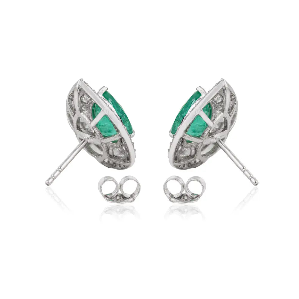 Real 18K White Gold Zambian Emerald & Diamond Pear Shape Double Cluster Stud Earrings