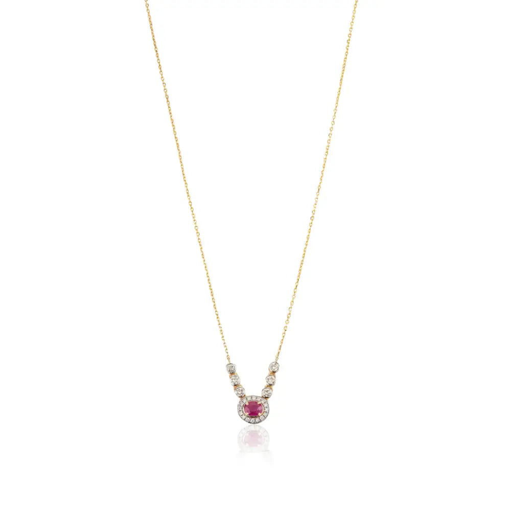 100% Genuine Ruby & Diamond Halo Pendant Necklace K14 Real Yellow Gold Fine Jewelry
