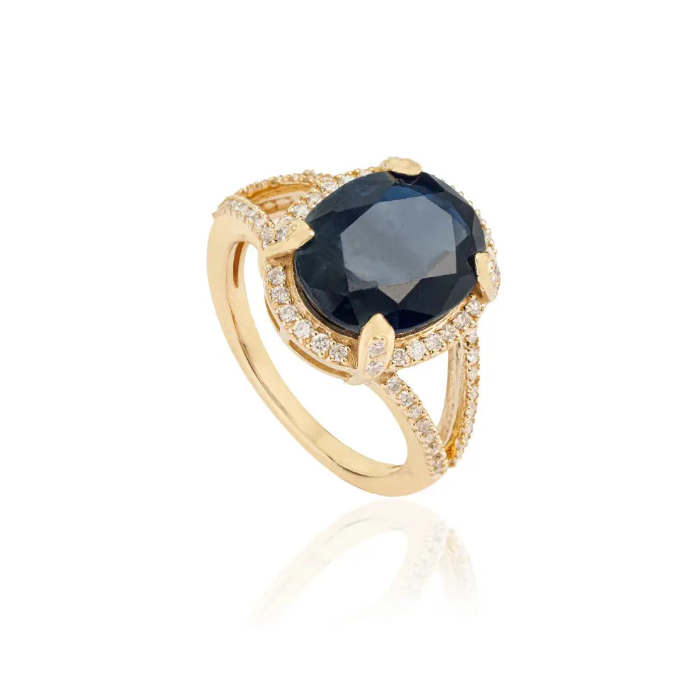 6.11ct. Blue Sapphire & Diamond Halo Split Shank Ring Wedding Bold Jewelry 14K Yellow Gold