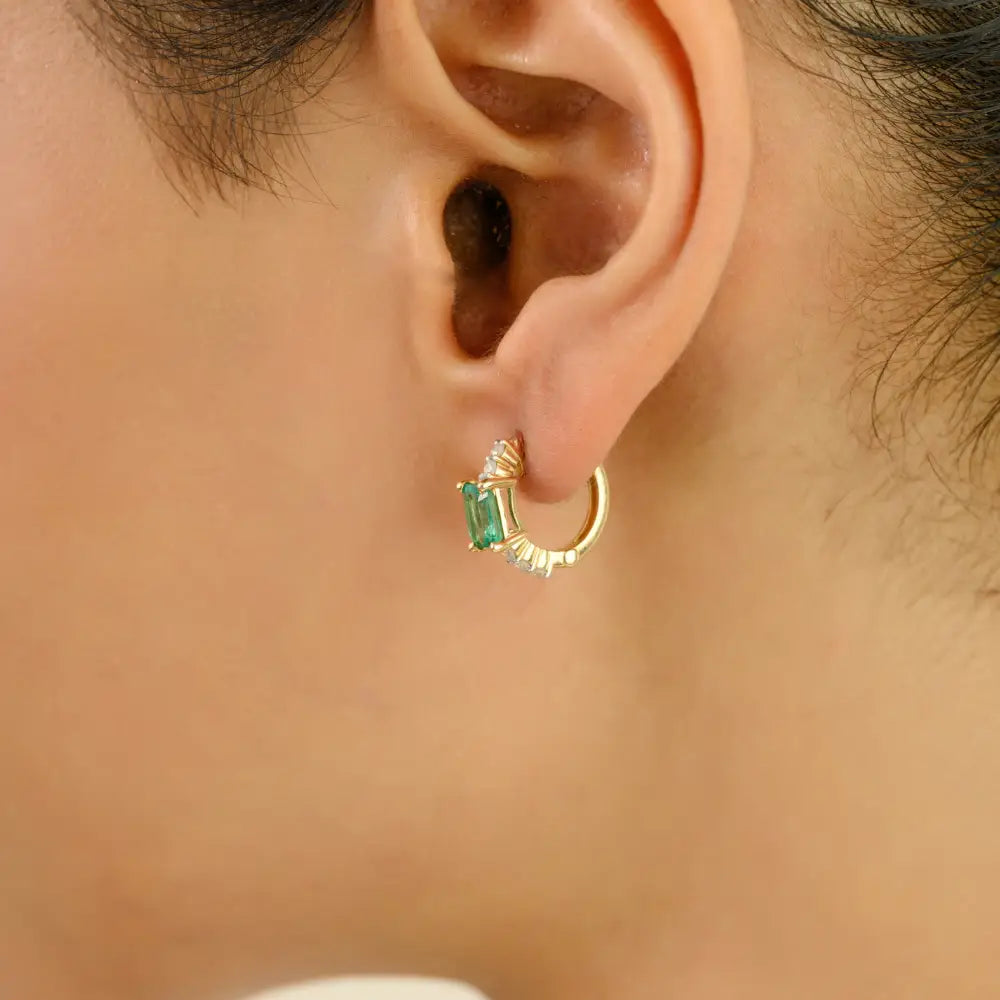 Natural Gemstone Zambian Emerald & Diamond Minimal Hoop Earrings Women 14K Real Gold