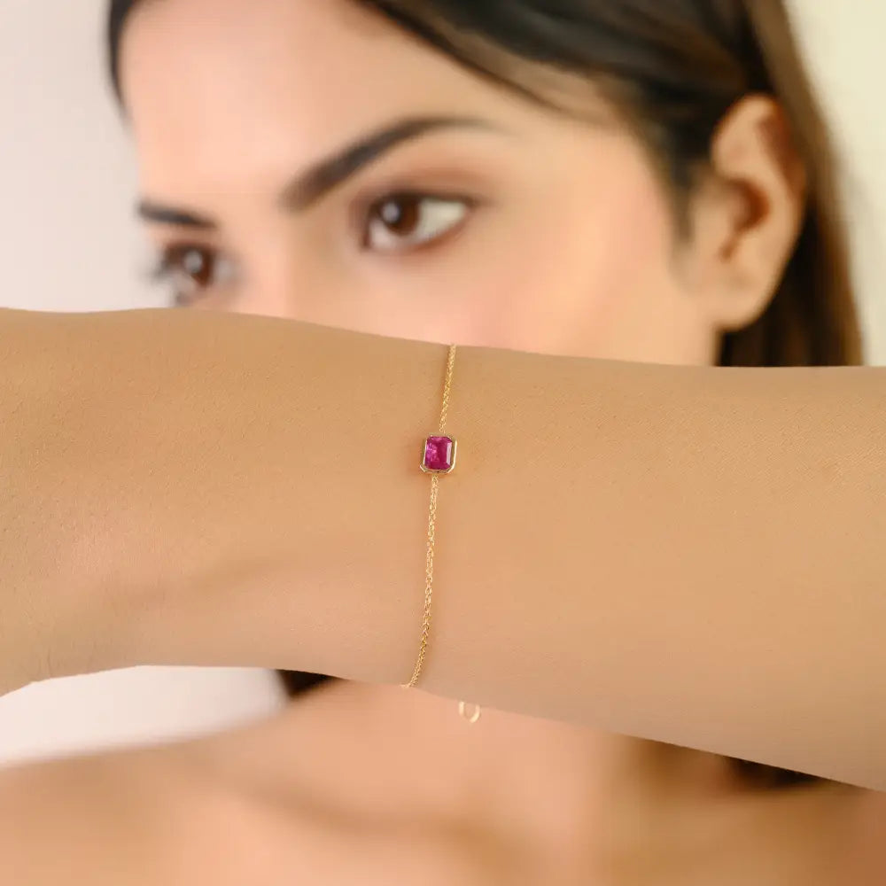 Minimal Bezel Set Ruby Single Stone Ruby Bracelet 14K Solid Yellow Gold Wholesale Jewelry