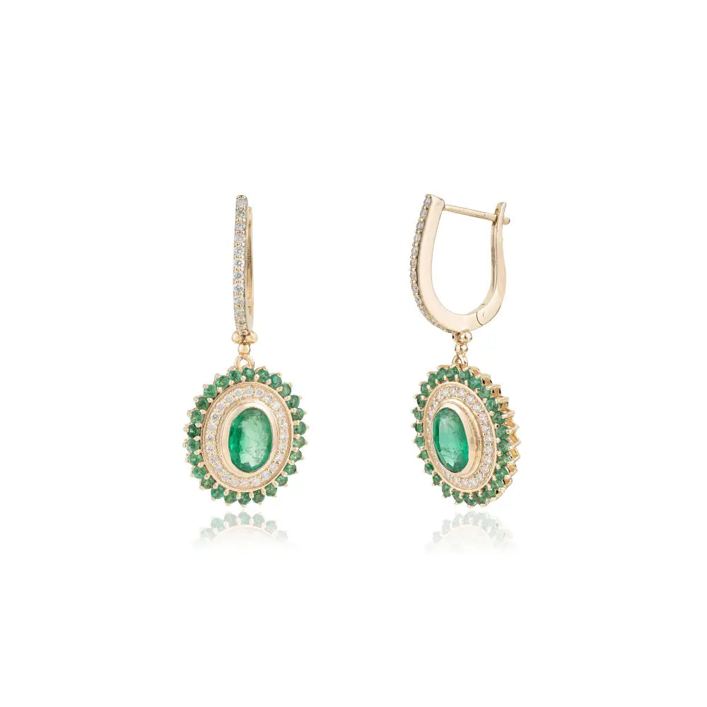 14K Real Yellow Gold 2.12 Ct. Zambian Emerald & Diamond Lever Back Hoop Drop Earrings