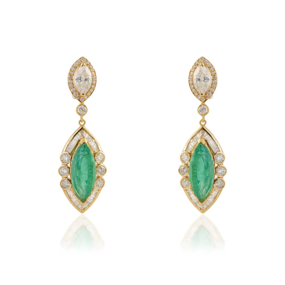 Luxurious Emerald & Diamond Marquise Shape Dangle Earrings Bold Jewelry 14K Yellow Gold