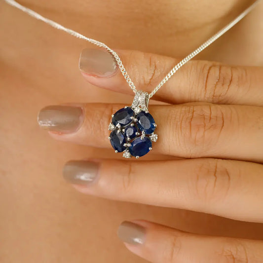 September Birthstone 14K White Gold Blue Sapphire & Diamond Gemstone Pendant Fine Jewelry