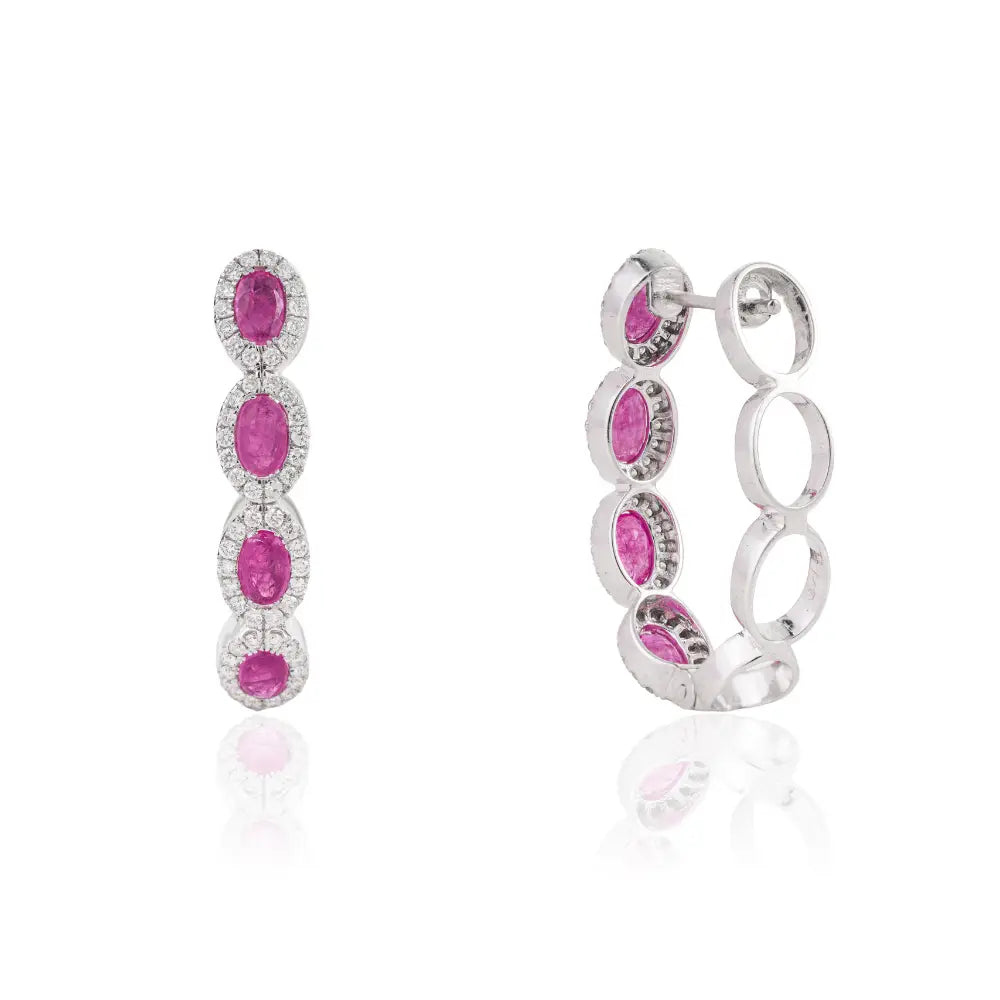 100% Genuine Ruby & Diamond Halo Hoop Earrings Bold Jewelry For Women's 14K White Gold
