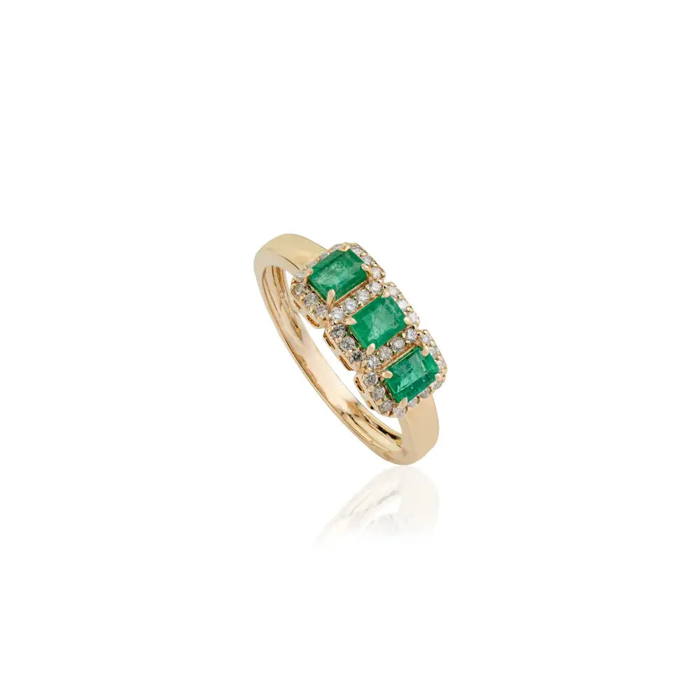 Octagon Cut Emerald & Round Diamond K14 Pure Yellow Gold Halo Three Stone Ring Unisex