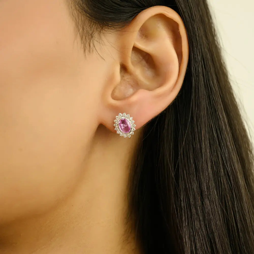 K14 White Gold Bezel Set Pink Sapphire & Diamond Cluster Halo Stud Earrings Handmade Jewelry