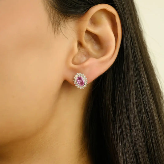 K14 White Gold Bezel Set Pink Sapphire & Diamond Cluster Halo Stud Earrings Handmade Jewelry