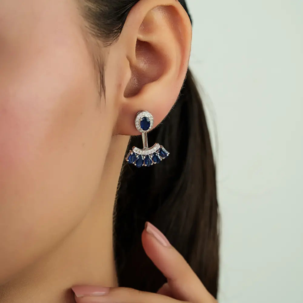 14K White Gold Blue Sapphire & Diamond Curved Shape Convertible Stud to Drop Earrings