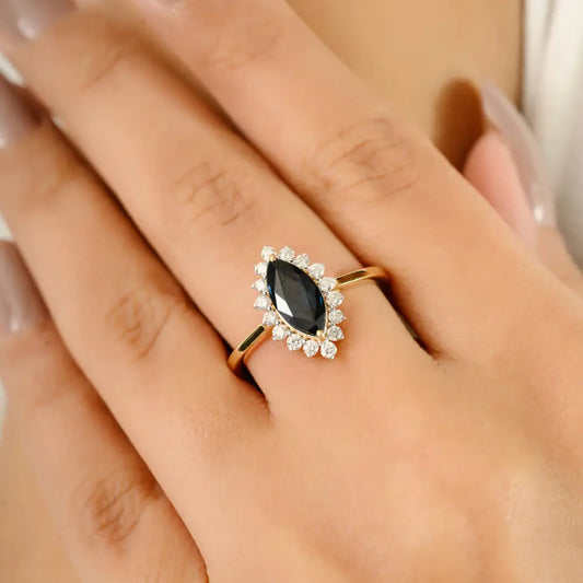 Unique Blue Sapphire & Diamond Marquise Shape Cluster Ring Unisex Real K18 Yellow Gold