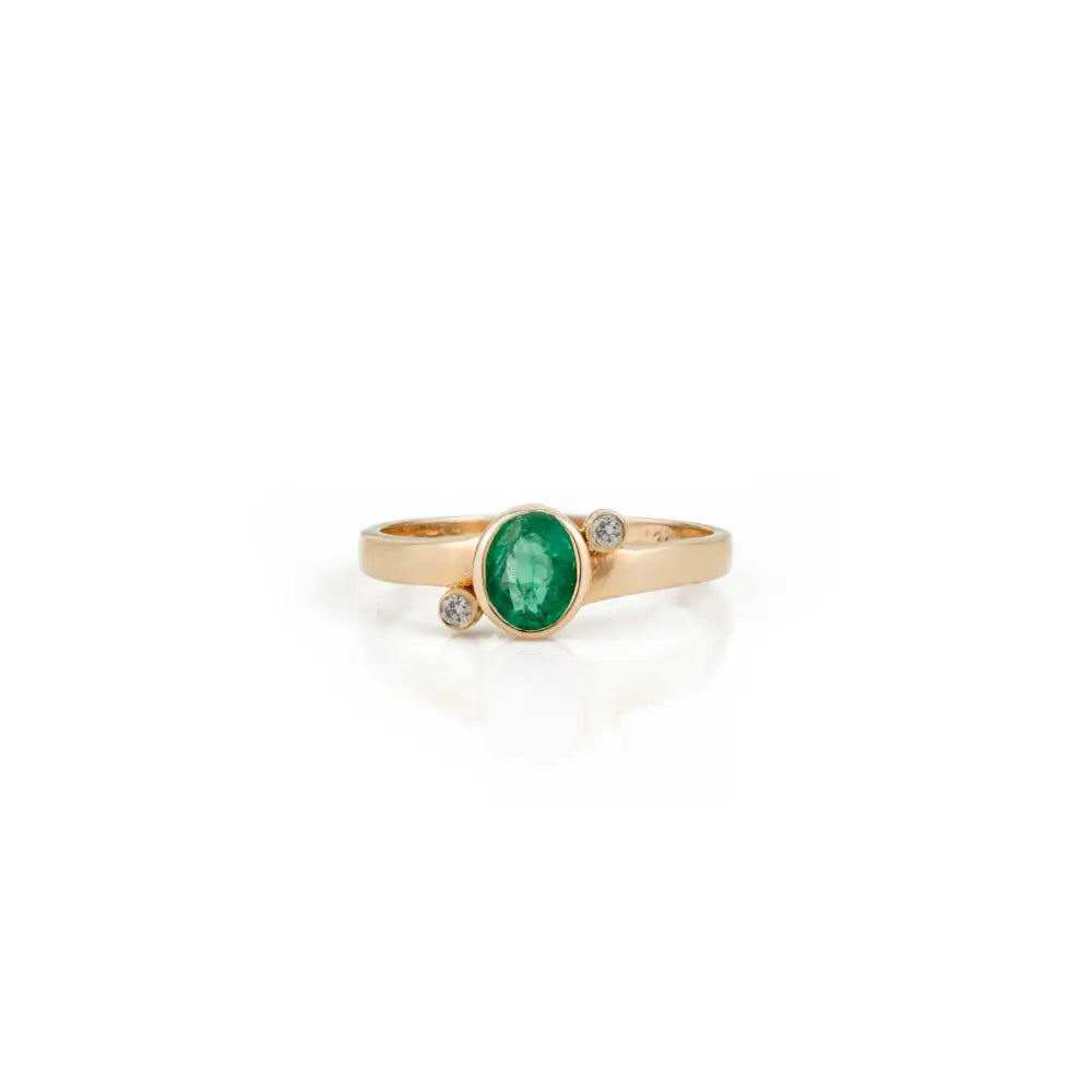 Bezel Set Emerald & Diamond K14 Pure Yellow Gold Minimal Gemstone Ring Stacking Jewelry