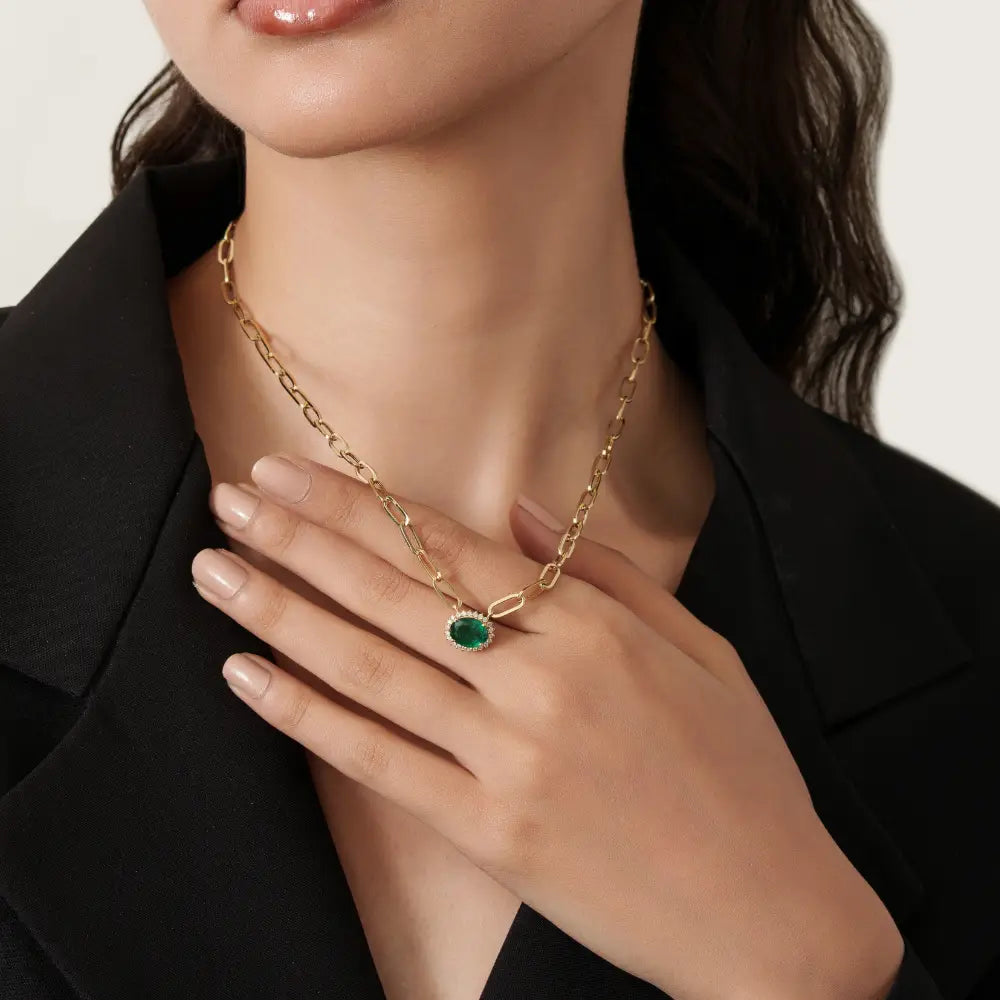 7x9 mm Oval Cut Emerald & Diamond 14K Real Gold Paperclip Chain Solitaire Cluster Pendant Necklace