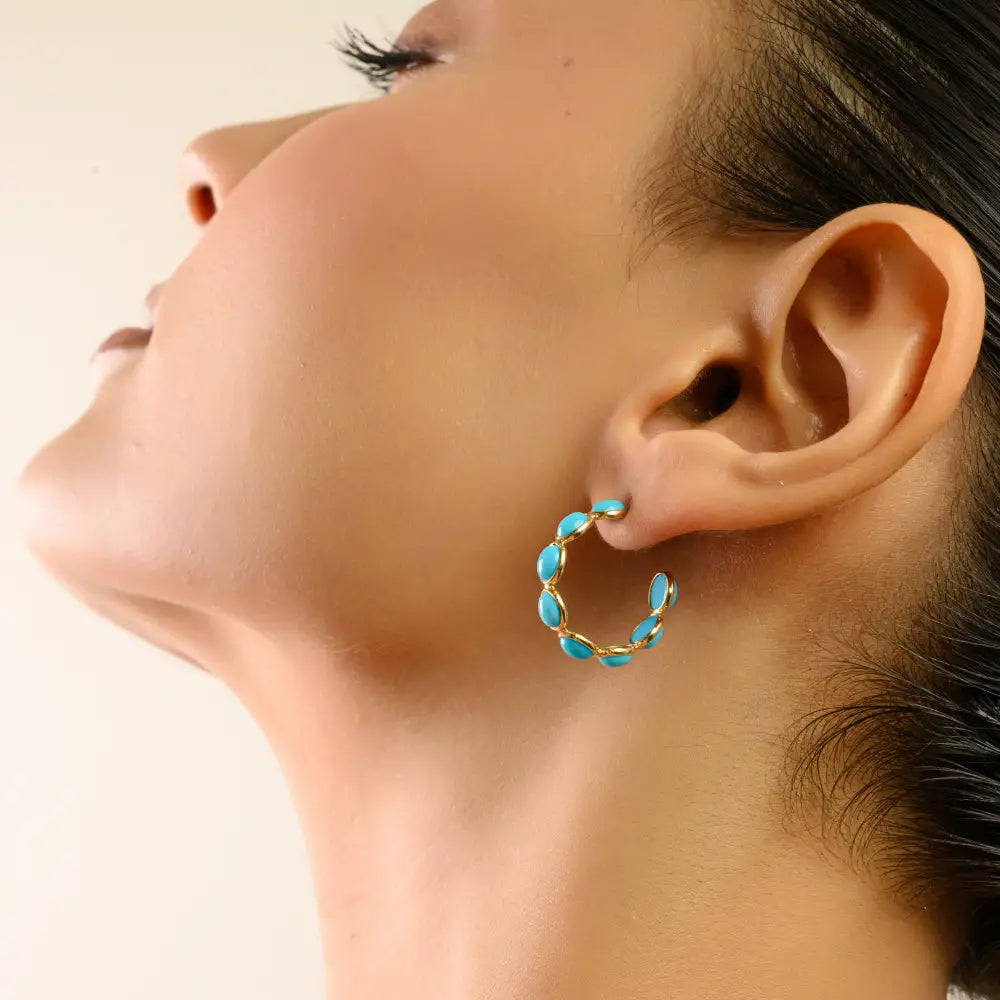 Cabochon Cut Gemstone Turquoise C Shape Hoop Earrings For Daily Wear 18K Real Gold