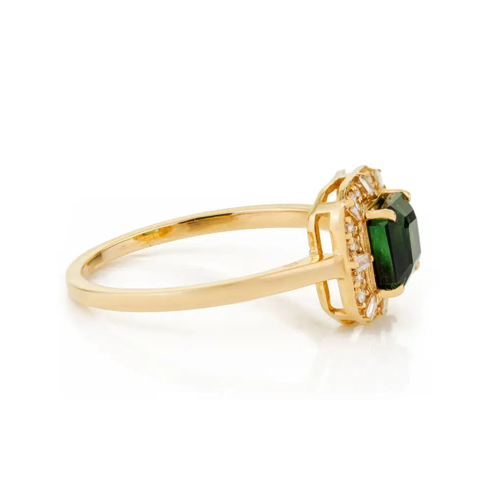 14K Real Yellow Gold Green Tourmaline & Diamond Halo Minimal Ring Stackable Jewelry