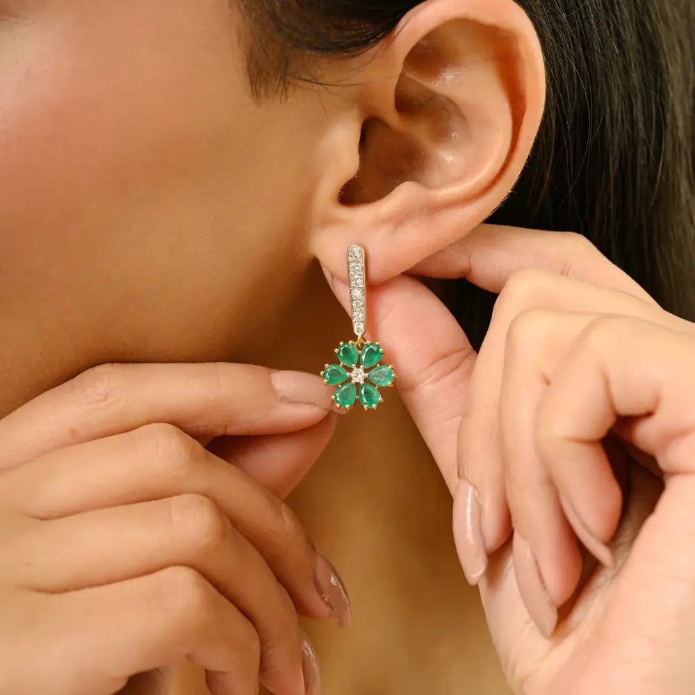 Flower Shape Drop Earrings Featuring In Emerald & Diamond K18 Yellow Gold Designer Jewelry