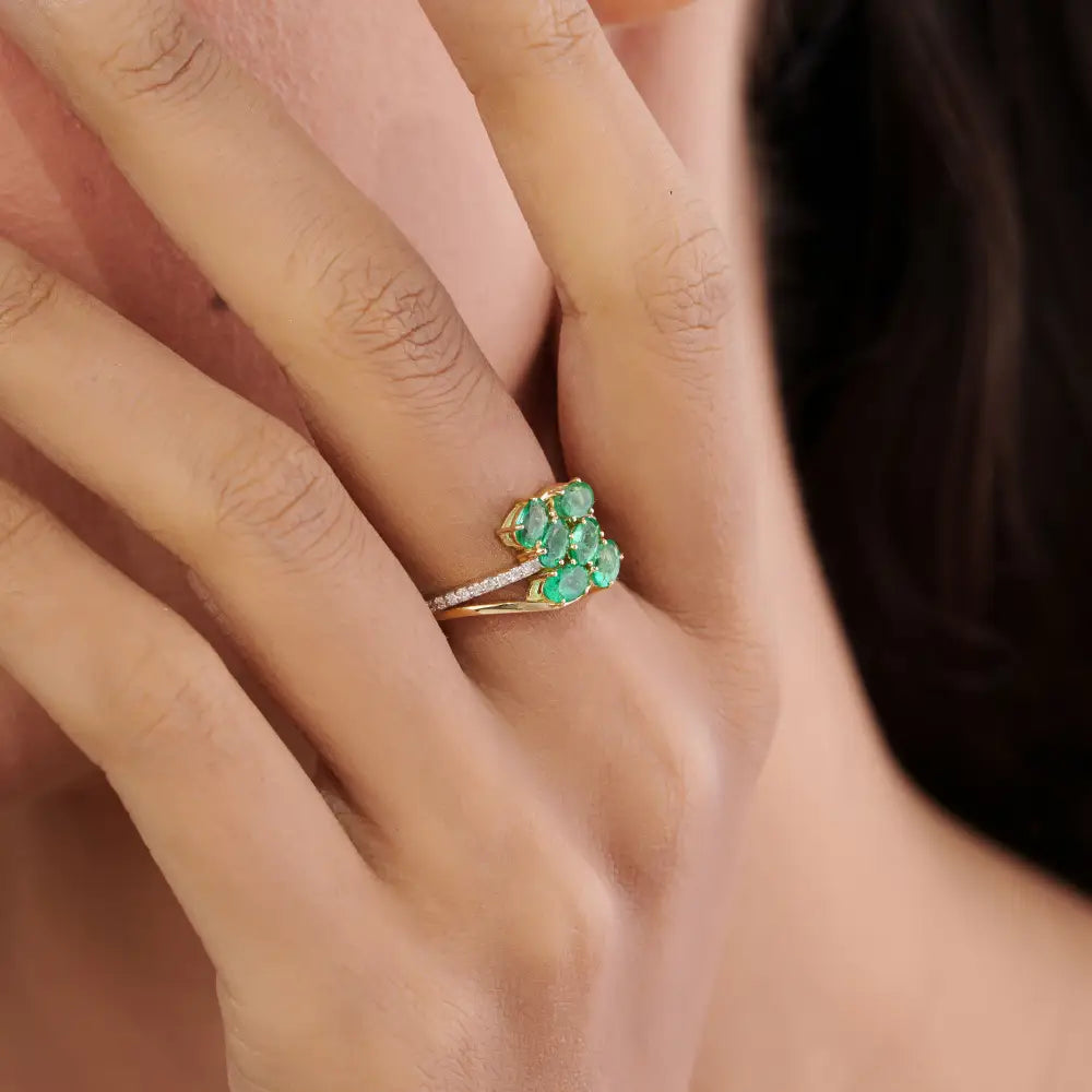 Explore Natural Gemstone Emerald & Diamond 14K Solid Yellow Gold Wedding Ring For Women