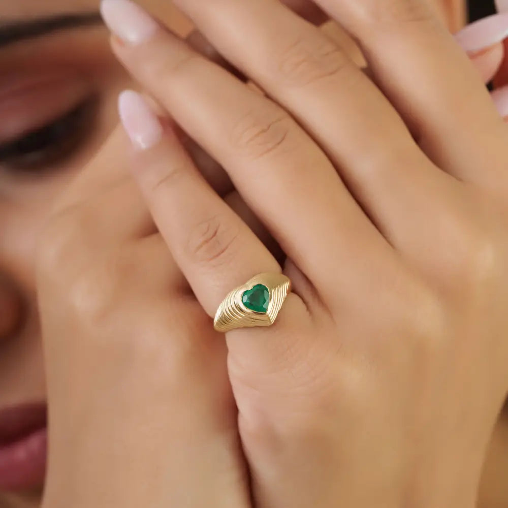 Gypsy Set Emerald K14 Yellow Gold Croissant Pinky Ring Precious Gemstone Bulk Jewelry