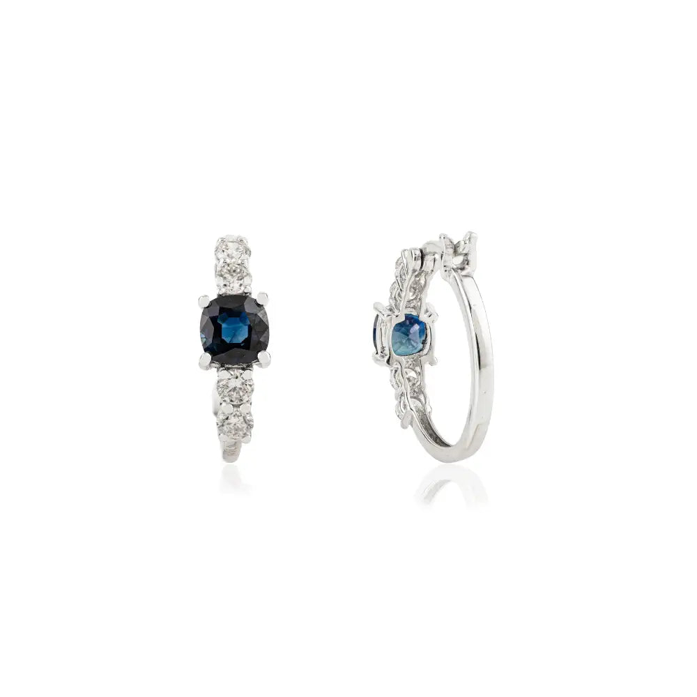 Cushion Shape Blue Sapphire & Diamond Fine Women Hoop Earrings 14K Real White Gold Jewelry