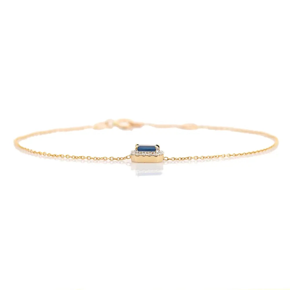 New Trendy 14K Yellow Gold Blue Sapphire & Diamond Solitaire Halo Bracelet Stacking Jewelry