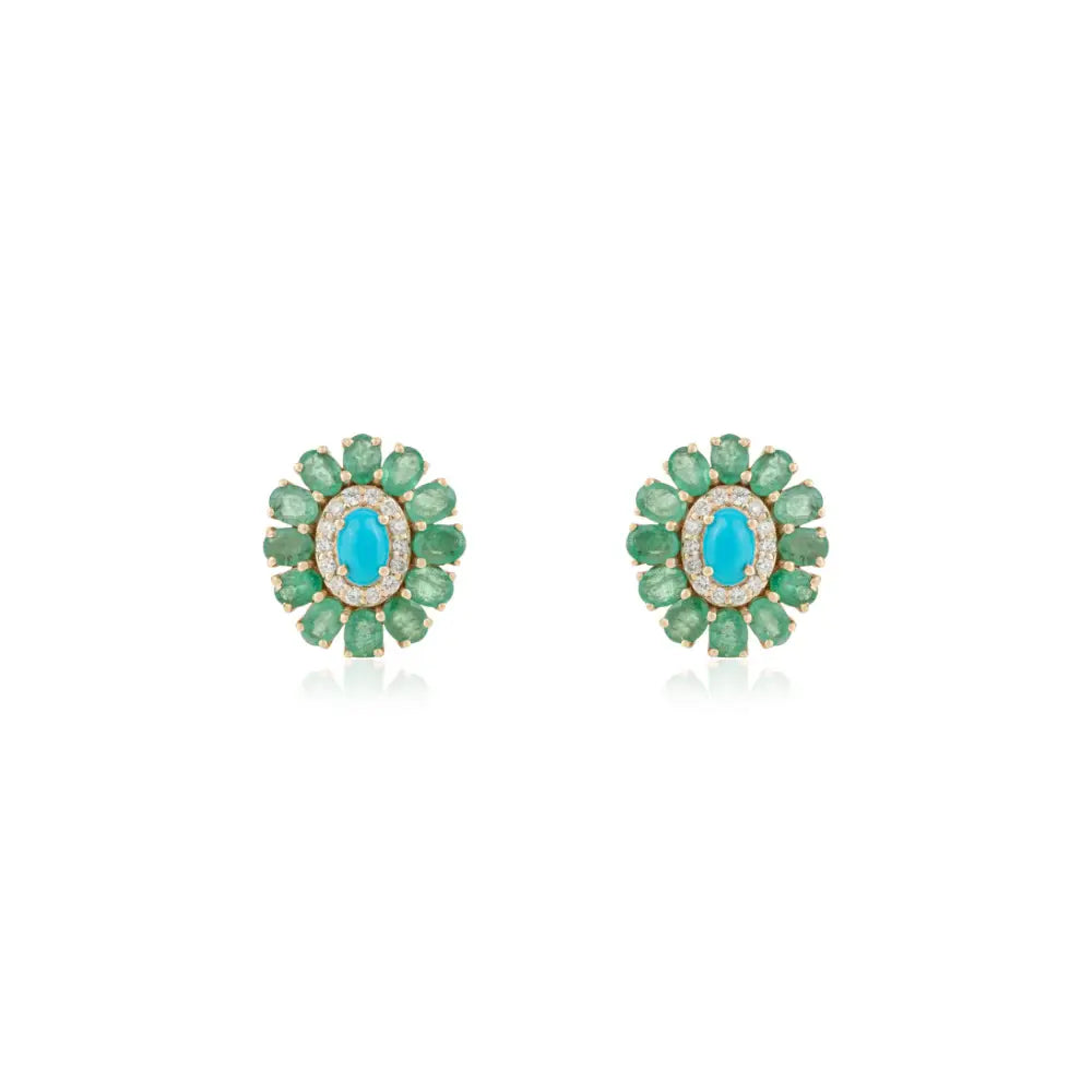 Natural Gemstone Emerald Turquoise & Diamond Floral Halo Stud Earrings 14K Yellow Gold