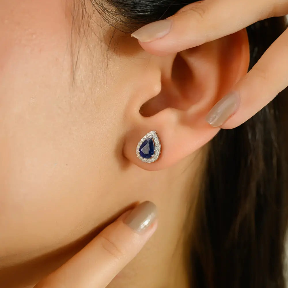 Solid K18 White Gold Blue Sapphire & Diamond Minimal Pear Shape Halo Stud Earrings Women's