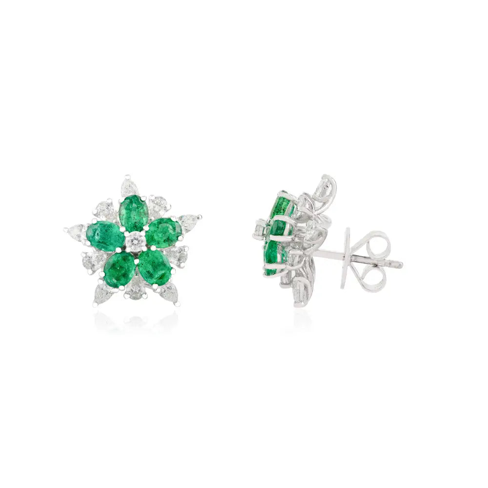 Emerald & Diamond 18K White Gold Flower Shape Stud Earrings Luxury Statement Jewelry