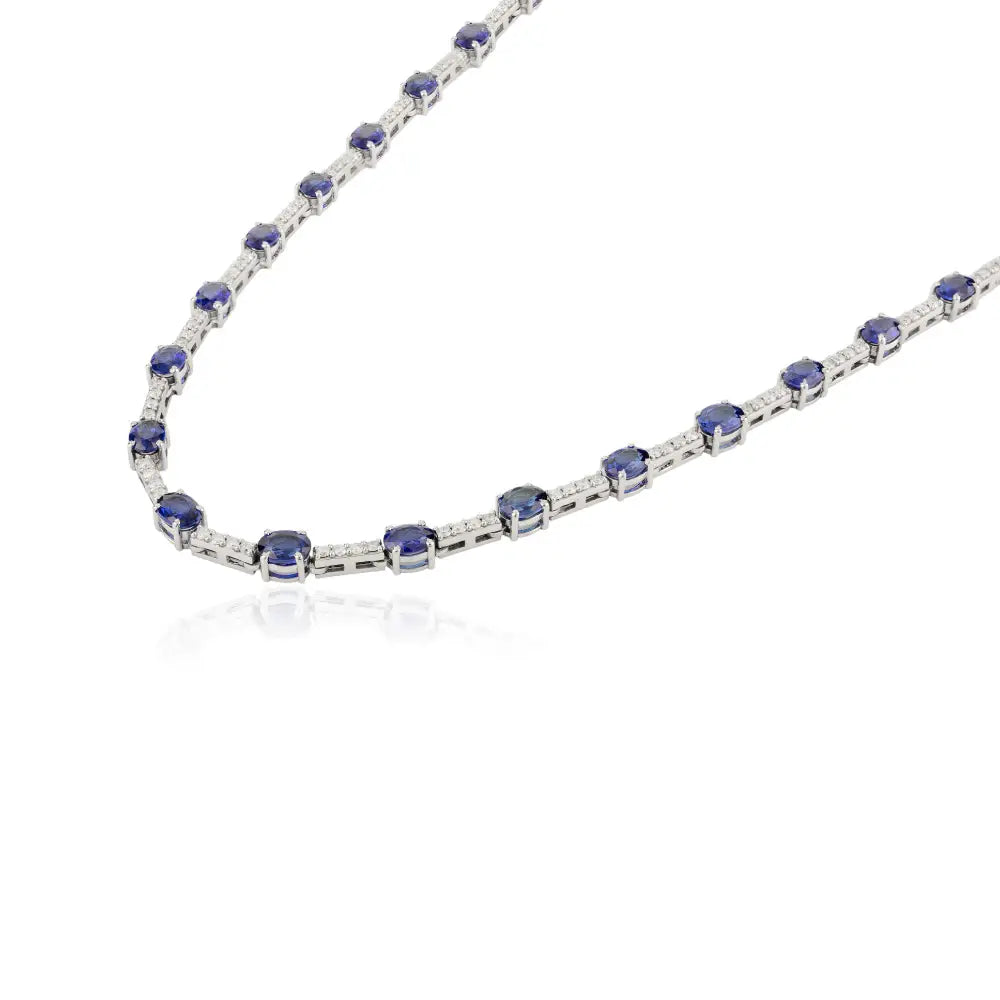 ODM OEM Jewelry Natural Blue Sapphire & Diamond Tennis Necklace Real K14 White Gold