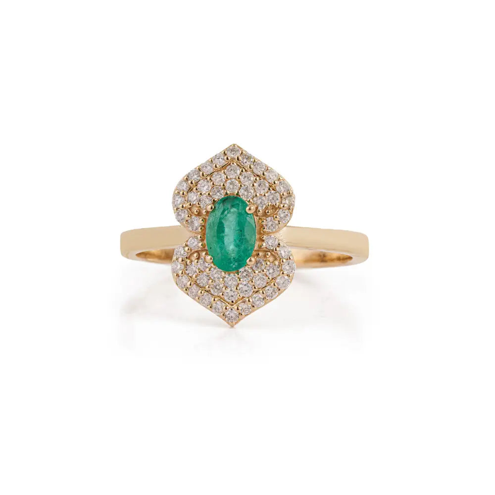 High End Quality Emerald & Diamond Solid K14 Yellow Gold Double Cluster Ring Wedding Jewelry