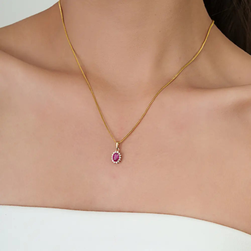 July Birthstone Real Ruby & Diamond 14K Yellow Gold Cluster Pendant Anniversary Gift