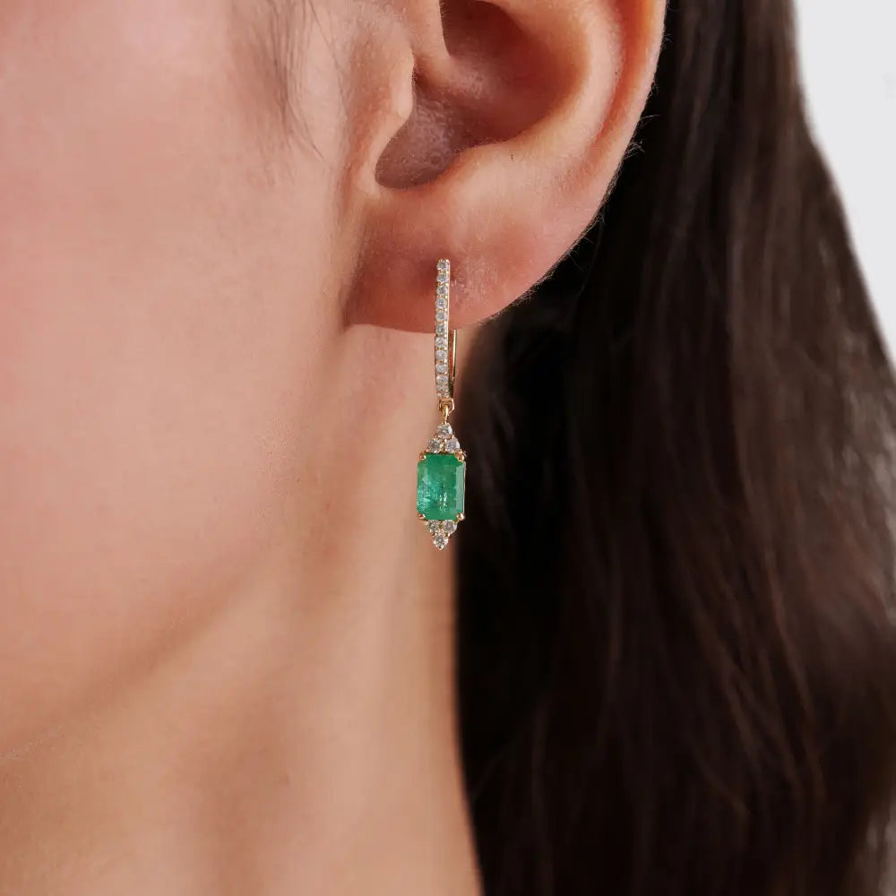 Elegant Design Solid K14 Yellow Gold Emerald & Diamond Hoop Drop Earrings For Women's