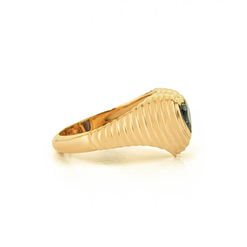 Gypsy Set Blue Sapphire Gemstone Heaty Shape Croissant Pinky Ring 14K Yellow Gold Jewelry