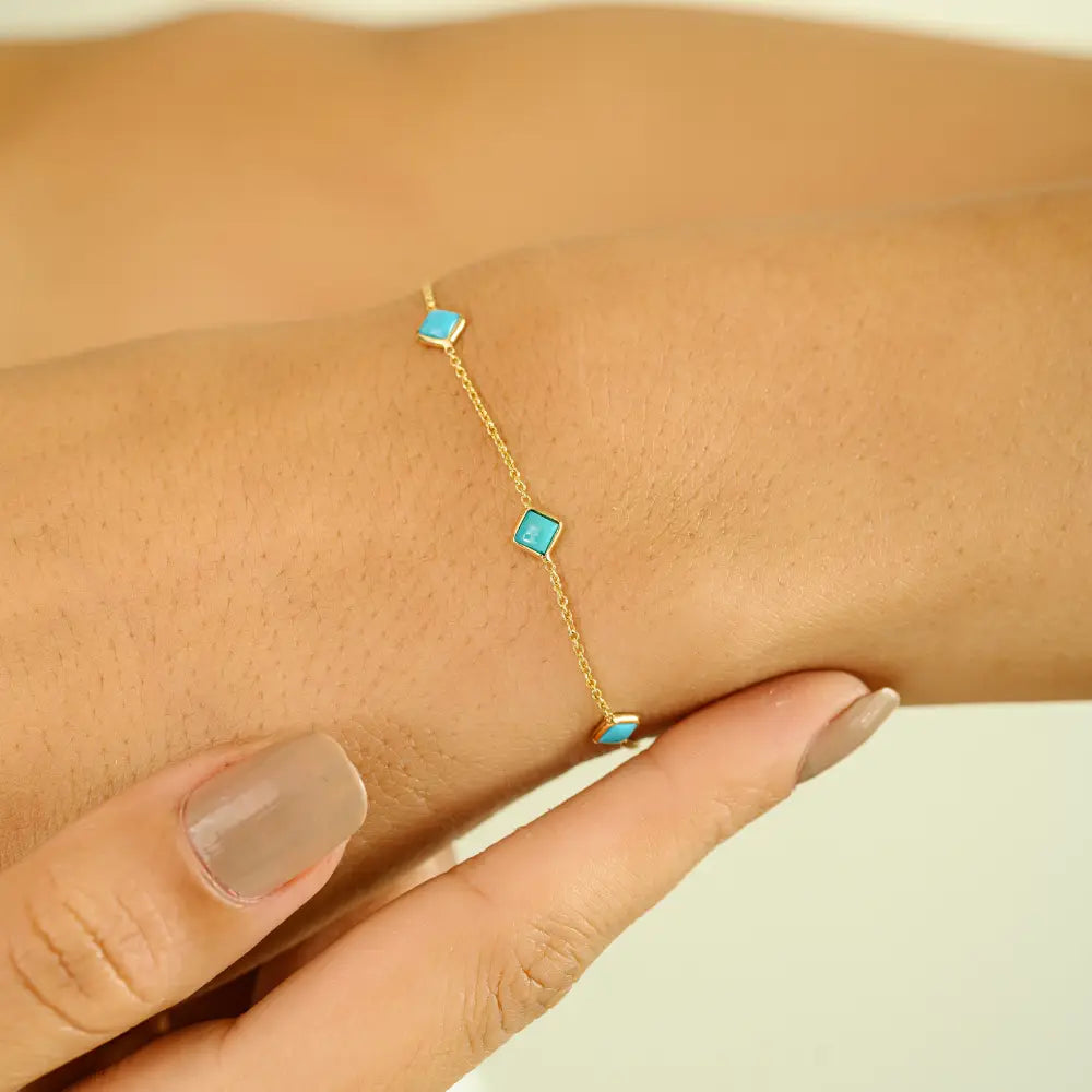 Square Cut Turquoise Gemstone Dainty Station Bracelet Real K14 Yellow Gold Minimal Jewelry