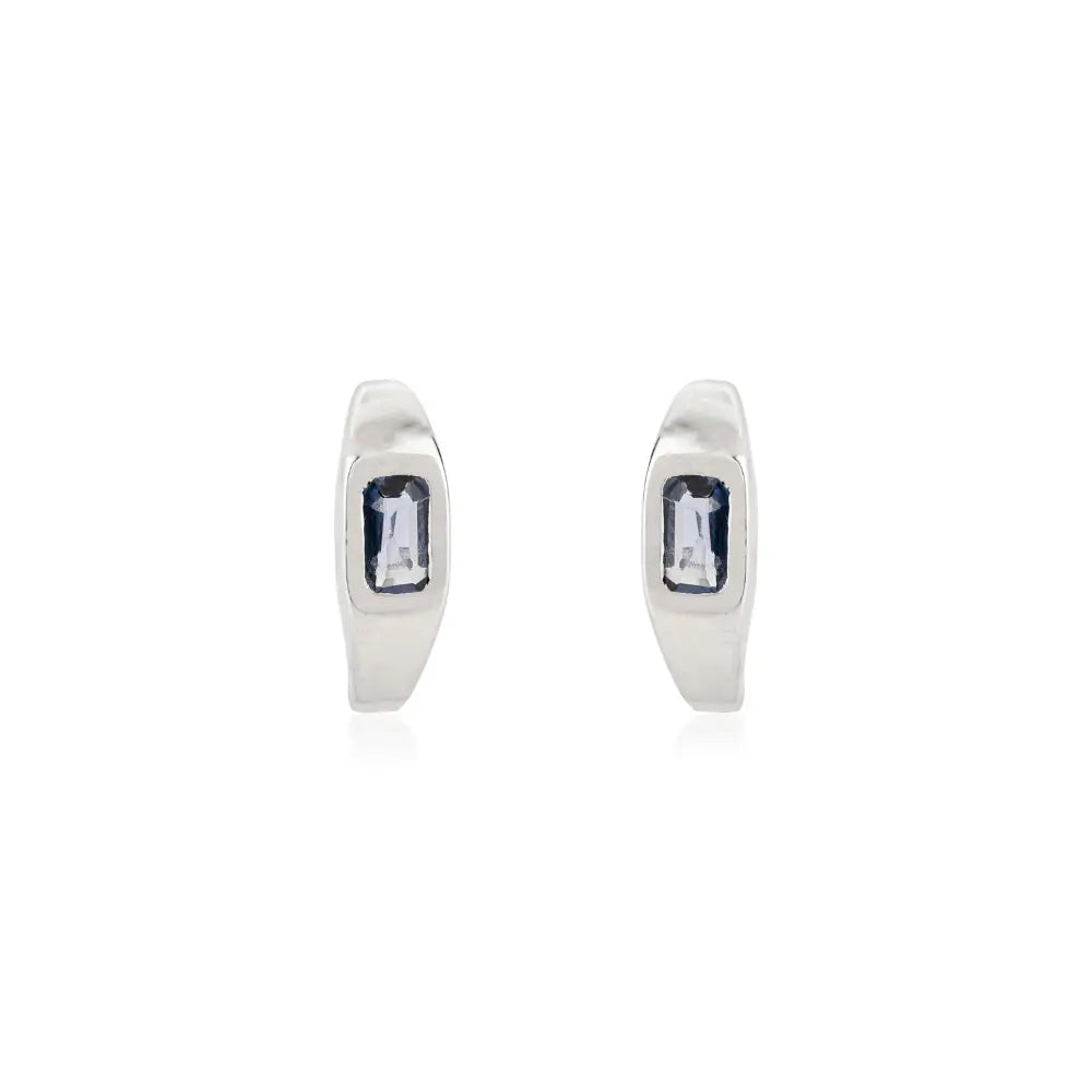 Bezel Setting Blue Sapphire Simple Huggie Hoop Earrings K14 White Gold Precious Jewelry