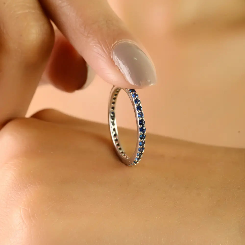 Pave Setting Blue Sapphire Minimalist Stacking Band Ring Graduation Gift 14K White Gold