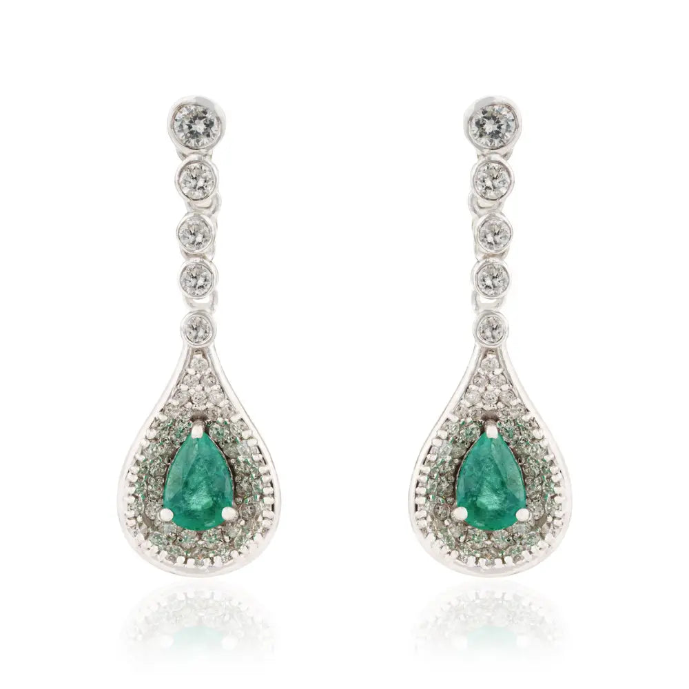 Real K14 White Gold Emerald & Diamond Teardrop Earrings Precious Gemstone Jewelry Supplier
