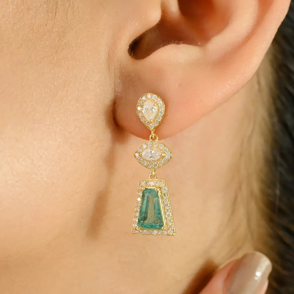 New Style 18K Yellow Gold Emerald & Diamond Statement Dangle Earrings Handmade Jewelry