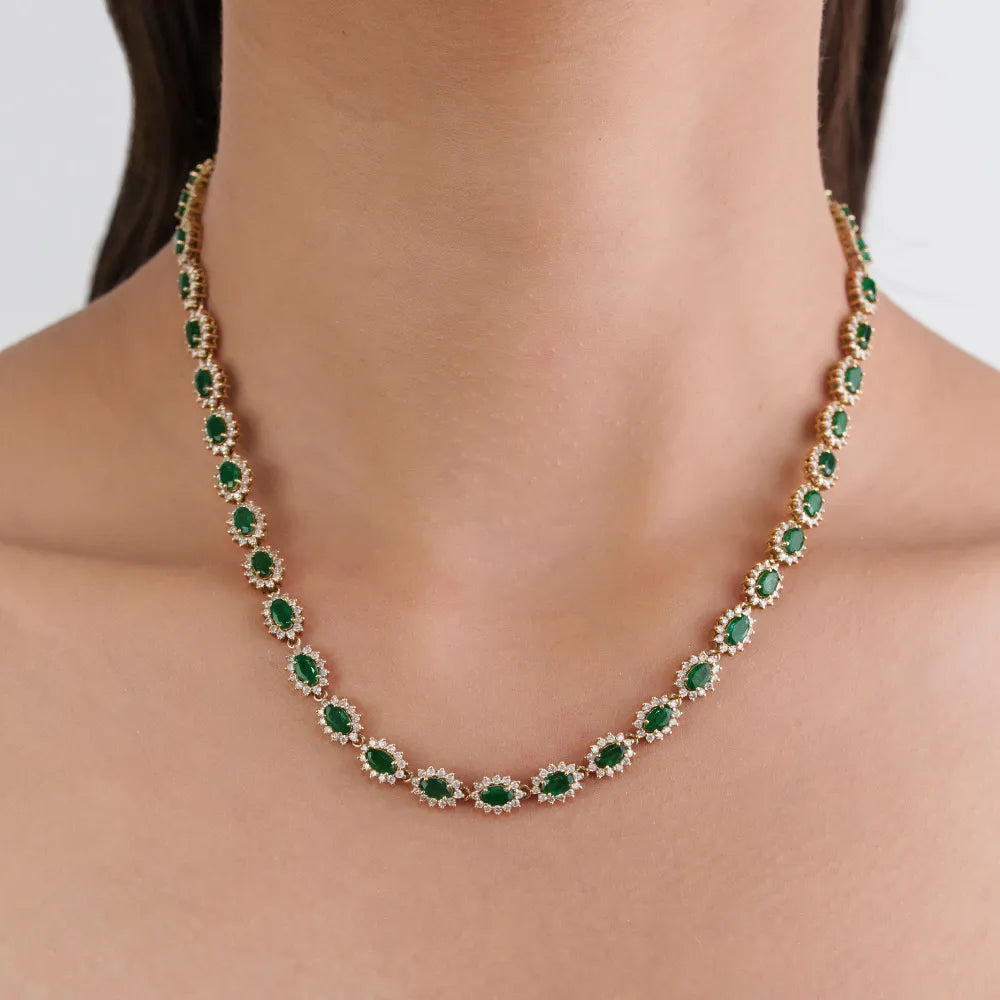 9.88ct. Zambian Emerald & Diamond Pure K14 Yellow Gold Cluster Tennis Necklace May Birthstone Jewelry